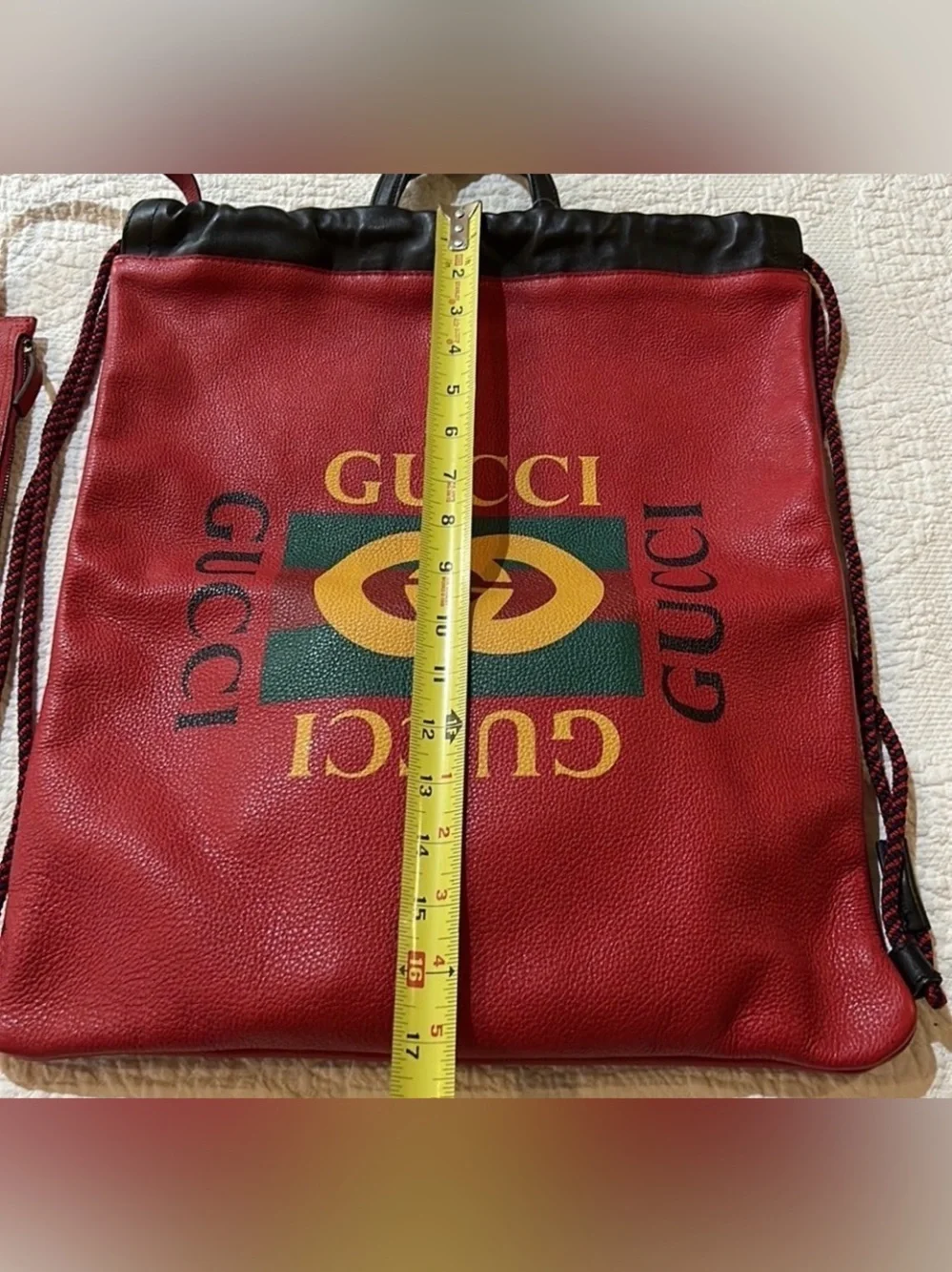 Gucci Red Drawstring Backpack with Green and Yellow Logo